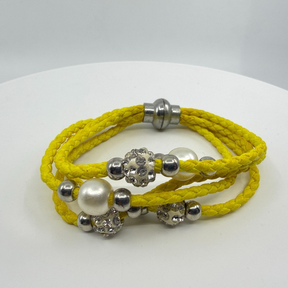Yellow Braided Leather Wrap Bracelet with Faux Pearl and Rhinestone Accents Gift